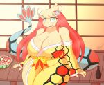  absurd_res antennae_(anatomy) anthro asian_clothing big_breasts breasts cleavage clothed clothing east_asian_clothing female food freckles fruit fully_clothed generation_3_pokemon green_eyes hair hi_res huge_breasts japanese_clothing kimono long_hair long_tail melon mila_(snackbunnii) milotic nintendo plant pokemon pokemon_(species) smile snackbunnii solo tail watermelon 
