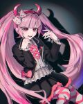  1girl :d black_skirt bow danganronpa_(series) danganronpa_another_episode:_ultra_despair_girls fake_horns hair_bow hairband hands_up highres horns jacket kaminezu long_hair long_sleeves looking_at_viewer miniskirt open_clothes open_mouth pink_eyes pink_hair shadow shirt skirt smile solo teeth tongue twintails utsugi_kotoko very_long_hair 