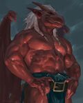  2023 abs anthro barazoku beak belt biceps big_muscles blue_background bottomwear brooklyn_(gargoyles) claws clothed clothing deltoids disney gargoyle gargoyles hair hands_on_hips hi_res horn humanoid_pointy_ears loincloth long_hair looking_at_viewer low-angle_view male muscular muscular_anthro muscular_male navel nipples obliques painterly pecs portrait red_body serratus signature simple_background sky smile solo standing taran_fiddler three-quarter_portrait topless topless_anthro topless_male wings 
