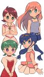  4girls aqua_eyes armband bare_arms bare_shoulders blue_eyes blue_hair blue_skirt blunt_bangs choker creme cropped_torso doraemon doraemon:_nobita_no_makai_daibouken doraemon:_nobita_no_ningyo_daikaisen doraemon:_nobita_no_uchuu_kaitakushi doraemon:_nobita_to_tetsujin_heidan double_bun dress floating_hair green_eyes grey_hair hair_bun hairband highres jewelry juliet_sleeves logo long_hair long_sleeves looking_to_the_side low-tied_long_hair low_twintails mangetsu_miyoko multiple_girls necklace own_hands_together pendant pink_dress pink_hair pink_shirt pleated_skirt puffy_sleeves reaching_towards_viewer red_dress red_hair riruru shirt short_hair simple_background skirt sleeveless sleeveless_dress smile sophia_(doraemon) sumi_(user_evka8372) twintails v_arms white_background 