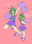  1girl antennae armpits blush bobotatamu cheerleader commentary_request commission flat_chest full_body green_eyes green_hair highres holding holding_pom_poms looking_at_viewer mary_janes multiple_views one_eye_closed open_mouth pleated_skirt pom_pom_(cheerleading) purple_shirt purple_skirt purple_socks shirt shoes short_hair simple_background skeb_commission skirt sleeveless sleeveless_shirt smile socks touhou translation_request white_footwear wriggle_nightbug 