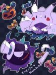  animal_focus artist_name black_background candy candy_cane closed_eyes commentary_request fangs food gastly halloween halloween_costume hanabusaoekaki hat haunter highres jack-o&#039;-lantern no_humans open_mouth pikachu pokemon pokemon_(creature) star_(symbol) top_hat white_headwear 