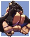  2023 absurd_res anthro anus artist_name back_muscles balls bear big_butt black_bear black_body black_fur blue_background border brown_eyes butt butt_focus claws cursedmarked dated deltoids facial_piercing feet finger_claws fizzy fur genitals hand_on_butt hi_res looking_at_viewer looking_back male mammal multicolored_body multicolored_fur nipples nose_piercing nose_ring pecs piercing ring_piercing septum_piercing septum_ring simple_background small_tail soles solo tail tan_body tan_fur toe_claws triceps two_tone_body two_tone_fur ursine white_border 
