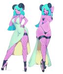  absurd_res big_breasts blue_hair breasts cleavage clothed clothing female fishnet fishnet_legwear footwear fullmontis hair hand_on_hip hi_res high_heels horn horned_humanoid humanoid legwear panties pasties purple_body purple_skin solo tongue tongue_out underwear 