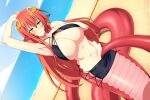  1girl abs armpits beach bikini bikini_pull black_bikini blush breasts cleavage clothes_pull english_commentary grin hair_between_eyes hair_ornament hand_up lamia large_breasts lindaroze long_hair looking_at_viewer miia_(monster_musume) monster_girl monster_musume_no_iru_nichijou navel ocean outdoors pointy_ears red_hair scales skindentation sky smile solo swimsuit very_long_hair yellow_eyes 