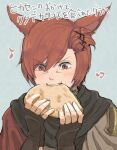  1boy :t animal_ears blue_background brown_gloves cat_ears cloak eating final_fantasy final_fantasy_xiv fingerless_gloves g&#039;raha_tia gloves male_focus miqo&#039;te musical_note nomu_poncha open_mouth red_eyes red_hair short_hair simple_background slit_pupils solo taco translation_request 