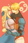  1boy 1girl agrias_oaks ahoge armor artist_request blonde_hair blush cancer_(zodiac) couple final_fantasy final_fantasy_tactics gauntlets heart hetero non-web_source ramza_beoulve red_background shoulder_armor 