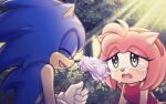  1boy 1girl amy_rose animal_ears animal_nose bare_shoulders blue_fur breasts bush bz_shawn closed_eyes crying crying_with_eyes_open dress eyelashes flower furry furry_female furry_male green_eyes hairband hand_up hedgehog hedgehog_ears hedgehog_girl highres holding holding_flower leaf looking_at_another medium_breasts open_mouth outdoors pink_fur purple_flower purple_rose red_dress red_hairband rose sitting sleeveless sleeveless_dress smile sonic_(series) sonic_the_hedgehog sonic_x sunlight tears tongue tree 