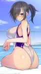  1girl ass black_hair blue_eyes blue_sky cloud commentary_request competition_swimsuit hair_over_one_eye highleg highleg_swimsuit long_bangs medium_hair one-piece_swimsuit original pool shiro_maru sitting sky solo swimsuit two-tone_swimsuit water white_one-piece_swimsuit 