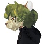  anthro black_clothing black_topwear chest_tuft clothed clothing eyewear felid fur glasses green_hair hair hi_res lion lionfloof male mammal mouth_closed orange_eyes pantherine rectangular_glasses short_hair side_view simple_background solo tan_body tan_fur topwear tuft whiskers white_background 