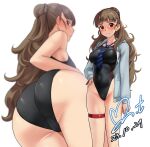  1girl ass black_one-piece_swimsuit blue_necktie brown_eyes brown_hair commission competition_swimsuit covered_navel dated feet_out_of_frame grey_jacket hair_bun half_updo hand_on_own_hip highleg highleg_swimsuit highres idolmaster idolmaster_cinderella_girls jacket kamiya_nao long_hair looking_at_viewer multiple_views necktie one-piece_swimsuit pixiv_commission signature simple_background striped_necktie swimsuit thick_eyebrows wavy_hair white_background yoo_tenchi zoom_layer 
