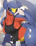  absurd_res anthro apron apron_only big_breasts black_sclera breasts claws clothed clothing dragon female garchomp generation_4_pokemon hi_res kyameta nintendo pokemon pokemon_(species) red_body red_scales scales solo spikes spikes_(anatomy) spilled_drink tail thick_thighs yellow_eyes 