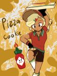  angry black_gloves cheese fire food gloves hair_ornament hairclip hot_sauce kneehighs non-web_source pizza pizza_box pizza_cookie pizza_delivery red_shirt shirt short_shorts shorts simple_background socks 