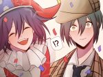  !? 2boys :d black_hair black_necktie blue_headwear blush brown_headwear calliopejy closed_mouth collared_shirt confetti danganronpa_(series) danganronpa_v3:_killing_harmony detective fang flipped_hair grey_shirt hair_between_eyes hat highres jester jester_cap male_focus multicolored_eyes multiple_boys necktie oma_kokichi portrait red_headwear saihara_shuichi shirt short_hair simple_background smile speech_bubble teeth upper_teeth_only white_background 