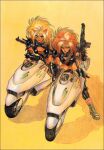  anna_puma big_hair biker breasts clothed clothing cougar dominion_tank_police duo felid feline female female/female gun hair humanoid looking_at_viewer mammal punk punk_hair ranged_weapon shirow_masamune smile studs traditional_media_(artwork) uni_puma weapon 