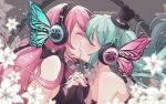  2girls aqua_hair aqua_nails bare_shoulders black_bow black_dress black_gloves blurry blurry_foreground blush bow breasts bridal_gauntlets butterfly_wings cleavage collarbone colored_eyelashes depth_of_field dress fingerless_gloves french_kiss gloves hat hatsune_miku headphones headset holding_hands interlocked_fingers kiss magnet_(vocaloid) marininho medium_breasts megurine_luka mini_hat multiple_girls pink_hair pink_nails small_breasts strapless strapless_dress twintails twitter_username vocaloid white_lily wings yuri 