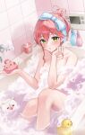  1girl absurdres bath bathing bathroom bathtub collarbone commentary completely_nude folded_ponytail green_eyes highres hololive legs_up long_hair looking_at_viewer nude partially_submerged pink_hair pora_0918 rubber_duck sakura_miko soap_bubbles solo thighs tile_wall tiles virtual_youtuber 