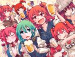  6+girls ajirogasa alternate_costume beer_mug bottle breasts cleavage closed_eyes commentary cup epaulettes green_eyes hair_between_eyes hair_bobbles hair_ornament hat holding holding_cup i_heart... juliet_sleeves kitsune_maru large_breasts long_sleeves looking_at_viewer mug multiple_girls necktie one_eye_closed onozuka_komachi puffy_sleeves red_eyes red_hair red_necktie shiki_eiki shirt short_hair short_sleeves sleep_bubble sleeping touhou two_side_up white_shirt wine_bottle 