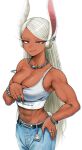  1girl abs animal_ears bare_shoulders belt boku_no_hero_academia bracelet breasts chain_necklace cleavage closed_mouth collarbone commentary copyright_name crop_top dark-skinned_female dark_skin denim ear_piercing fingernails hand_on_own_chest highres jeans jewelry large_breasts long_eyelashes long_hair looking_at_viewer midriff mirko navel necklace off_shoulder pants piercing rabbit_ears rabbit_girl red_eyes ring solo strap_slip swept_bangs tank_top toned tsukumo_momo veins veiny_arms white_background white_hair white_tank_top 