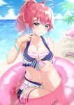  1girl absurdres ahoge beach beach_chair beach_umbrella bikini blue_sky cloud day green_eyes hair_ornament highres hololive innertube long_hair looking_at_viewer mira_bluesky3 navel ocean outdoors pink_hair ponytail sakura_miko sand sky smile solo stomach swimsuit umbrella v virtual_youtuber 