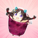  1girl animal_ears blush bow braid brown_hair chibi ear_covers food hair_bobbles hair_ornament hinata_yuu hokko_tarumae_(umamusume) horse_ears horse_girl long_braid looking_at_viewer multicolored_hair open_mouth outstretched_arms pastry purple_eyes solo spread_arms striped striped_bow teeth twin_braids two-tone_bow two-tone_hair umamusume white_hair 
