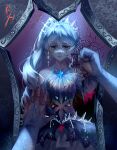  1girl artist_name bare_shoulders blue_dress blue_eyes broken_mirror coconuthound detached_sleeves dress earrings hair_ornament hand_on_mirror highres ice jewelry long_hair looking_at_mirror mirror ponytail reflection rwby scar scar_across_eye solo weiss_schnee white_hair 