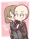  ! &gt;_&lt; 1boy 1girl bald black_necktie blush brown_jacket closed_eyes closed_mouth collared_shirt commentary_request constricted_pupils employee_(lobotomy_corporation) grey_eyes grey_jacket grey_pants hatake_shimeji hetero jacket kiss kissing_cheek light_brown_hair lobotomy_corporation long_sleeves lowres medium_hair necktie pants project_moon shirt white_shirt 