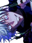  1boy a00xm black_jacket blue_eyes gojou_satoru grin hanami_(jujutsu_kaisen) hands_up highres jacket jujutsu_kaisen looking_at_viewer male_focus out_of_frame portrait short_hair sideways simple_background smile solo_focus teeth white_background white_hair 