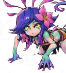  1girl blue_hair breasts colored_skin crop_top flower green_skin hair_flower hair_ornament league_of_legends multicolored_hair multicolored_skin neeko_(league_of_legends) parted_lips phantom_ix_row pink_flower pink_hair simple_background skirt small_breasts solo teeth two-tone_hair white_background yellow_eyes 