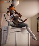  3d_(artwork) absurd_res anthro bottomwear brown_eyes clothing cooking digital_media_(artwork) felid female footwear hair hi_res kitchen kitchen_utensils mammal momo_(disambiguation) monarquis pantherine panties pinup pose red_hair skirt snow_leopard socks solo tongue tongue_out tools underwear 