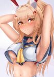  1girl absurdres armpits ayanami_(azur_lane) azur_lane bare_arms bare_shoulders blonde_hair blush breasts commentary_request grey_background hair_between_eyes hair_intakes hair_ornament hairclip headgear highres long_hair looking_at_viewer medium_breasts navel ponytail red_eyes ryara shirt sleeveless sleeveless_shirt solo tan upper_body very_long_hair white_shirt 