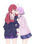  2girls asakura_hinata_(ayahina) ayahina_channel blue_sweater blush commentary_request highres hiiragi_ayaka_(ayahina) jewelry kiss kissing_cheek long_hair low_twintails multiple_girls necklace pink_sweater pleated_skirt purple_hair red_hair school_uniform short_hair_with_long_locks skirt sweater twintails yuri 