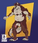  absurd_res anthro balls belly bodily_fluids bulge canid canine canis chubby_male genital_fluids genitals hi_res male mammal mr.brapion musclegut muscular nipples nude penis precum pubes solo wolf wrestling wrestling_outfit 
