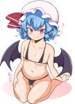  1girl absurdres areola_slip arm_support bad_anatomy bad_proportions bare_legs barefoot bat_wings blue_hair blush breasts closed_mouth collarbone commentary_request fang fang_out from_above hand_on_own_leg hat hat_ribbon heart highres himajin_noizu looking_at_viewer medium_breasts messy_hair mob_cap navel pointy_ears red_eyes remilia_scarlet ribbon short_hair simple_background sitting slit_pupils smile solo star_(symbol) touhou upturned_eyes wariza white_background wings 