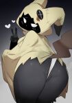  &lt;3 2023 5_fingers absurd_res anthro bedroom_eyes breasts butt button_eyes clothed clothing ears_down female fingers generation_7_pokemon genitals gesture grey_body grey_skin hi_res hood looking_at_viewer looking_back looking_back_at_viewer mimikyu narrowed_eyes nintendo obscured_face panties pivoted_ears pokemon pokemon_(species) presenting presenting_hindquarters pussy raised_tail rear_view seductive simple_background solo tail underwear v_sign white_eyes yoru_vida 