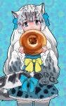  1girl absurdres alternate_hairstyle animal_ears animal_print blue_bow blue_skirt blush bow bread commentary_request covering_mouth cowboy_shot food frilled_skirt frilled_sleeves frills fur_collar green_eyes grey_hair grey_kimono grey_thighhighs hair_tie highres japanese_clothes kemono_friends kimono leopard_ears leopard_girl leopard_print leopard_tail long_hair looking_at_viewer multicolored_hair obi pleated_skirt print_kimono print_skirt sash short_kimono sidelocks skirt snow_leopard snow_leopard_(kemono_friends) solo tail tail_bow tail_ornament thighhighs toriny white_fur white_hair yellow_bow zettai_ryouiki 