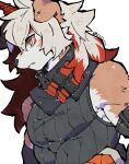  2023 220_vvv anthro arknights black_nose canid canine canis clothing domestic_dog fur hair hi_res horn hung_(arknights) hypergryph long_hair looking_away male mammal red_hair red_horn solo studio_montagne tan_body tan_fur topwear white_body white_fur white_hair yellow_eyes 
