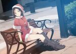  1girl bench black_footwear boots closed_mouth green_wristband grey_eyes hat kirishima_touko knee_boots light_smile long_hair looking_at_viewer mizoguchi_keiji official_art outdoors santa_costume santa_hat seishun_buta_yarou sitting sitting_on_bench solo thighhighs 