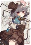  1girl :&lt; adapted_costume animal_ears blue_capelet brown_dress brown_headwear buttons capelet center_frills closed_mouth cowboy_shot dowsing_rod dress frills gloves grey_hair hat highres jewelry kozakura_(dictionary) long_sleeves mouse_ears mouse_tail nazrin pendant red_eyes shirt short_hair solo tail thick_eyebrows top_hat touhou white_gloves white_shirt 