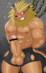  abs absurd_res anthro balls bandai_namco bantau bdsm blonde_hair blush bound chain chained clothing digimon digimon_(species) erection genitals hair hi_res leomon male mane muscular muscular_anthro muscular_male pecs penis scuff_marks solo torn_clothing underwear vein veiny_penis 