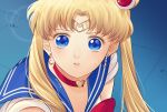  1girl bishoujo_senshi_sailor_moon blonde_hair blue_sailor_collar choker crescent crescent_earrings dated derivative_work diadem earrings glint hair_over_shoulder heart heart_choker highres jewelry long_hair meikitefuka meme parted_bangs red_choker sailor_collar sailor_moon sailor_moon_redraw_challenge_(meme) sailor_senshi_uniform screencap_redraw shadow signature solo sparkle tile_floor tiles tsukino_usagi twintails 