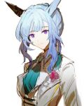  1girl absurdres animal_ears ascot blue_hair breasts closed_mouth collared_shirt highres hikawayunn horse_ears jacket long_hair long_sleeves looking_at_viewer mejiro_ardan_(neige_emeraude)_(umamusume) mejiro_ardan_(umamusume) purple_eyes shirt simple_background small_breasts smile solo umamusume upper_body white_background white_jacket white_shirt 