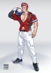  1boy ball bara belt biceps black_belt blue_eyes blush bowling_ball bowling_glove brown_hair cross_scar detached_sleeves facial_hair fate/grand_order fate_(series) full_body goatee grin highres jacket large_pectorals long_sideburns looking_at_viewer male_focus mature_male midriff_peek monmonhomon muscular muscular_male napoleon_bonaparte_(fate) napoleon_bonaparte_(fate)_(all_the_way_bang) navel no_shirt official_alternate_costume paid_reward_available pants partially_unbuttoned pectoral_cleavage pectorals red_jacket scar scar_on_chest seductive_smile shoes short_hair sideburns single_detached_sleeve smile solo standing thick_thighs thighs white_pants 