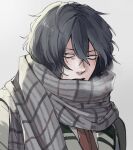  1boy bags_under_eyes black_hair blush boku_no_hero_academia breath eraser_head_(boku_no_hero_academia) grey_background grey_scarf highres looking_to_the_side male_focus messy_hair necktie open_mouth plaid plaid_scarf red_necktie rnuyvm scarf school_uniform simple_background solo upper_body winter_clothes 