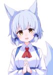  1girl aki_inu animal_ear_fluff animal_ears ascot blue_hair blue_ribbon blue_skirt blush breasts fox_ears fox_girl fox_tail hair_ribbon long_sleeves looking_at_viewer machikado_mazoku open_mouth own_hands_together red_ascot ribbon riko_(machikado_mazoku) shirt short_hair simple_background skirt solo suspender_skirt suspenders tail upper_body white_background white_shirt yellow_eyes 