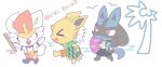  &gt;_&lt; 3boys ^_^ animal_ears animal_hands animal_nose arm_at_side arm_up arms_up artist_name black_fur black_shorts blue_fur blue_jacket blush blush_stickers body_fur bone_print buck_teeth chibi cinderace closed_eyes closed_mouth clothed_pokemon commentary_request drawstring facing_viewer fang flame_print flat_color food from_side fruit full_body furry furry_male green_shirt happy holding holding_food holding_fruit holding_innertube holding_stick innertube jacket jolteon kiki_(431642) lucario male_focus multicolored_fur multiple_boys open_clothes open_jacket open_mouth open_shirt orange_shorts outstretched_arms palm_tree personification pokemon pokemon_(creature) profile rabbit_boy rabbit_ears rabbit_tail red_hair red_shorts shirt short_hair short_sleeves shorts sideways_mouth signature simple_bird sketch smile snout spiked_hair spikes standing stick tail teeth tree twitter_username two-tone_fur walking watermelon white_background white_fur white_hair white_jacket white_shirt wolf_boy wolf_ears wolf_tail wristband yellow_fur 