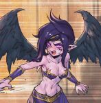  1girl angry bare_shoulders black_hair black_wings blush breasts collarbone d: detached_sleeves feathered_wings fingernails league_of_legends looking_to_the_side medium_breasts medium_hair morgana_(league_of_legends) motion_lines navel phantom_ix_row pink_eyes purple_skirt purple_sleeves sharp_fingernails shiny_skin skirt solo stomach sweatdrop teeth upper_teeth_only wings 