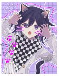  1girl absurdres animal_ears black_hair black_scarf border buttons cat_boy cat_ears cat_tail checkered_clothes checkered_scarf claw_pose danganronpa_(series) danganronpa_v3:_killing_harmony double-breasted fuyu_ko grey_jacket hair_between_eyes hands_up highres jacket long_sleeves medium_hair multicolored_hair oma_kokichi outline pink_background purple_eyes purple_hair scarf solo tail two-tone_hair white_border white_outline white_scarf 