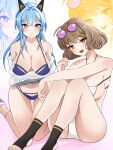  2girls ahoge anis_(nikke) anis_(sparkling_summer)_(nikke) bikini blue_eyes blue_hair blush braid breasts brown_eyes brown_hair cleavage closed_mouth collarbone commentary_request eyewear_on_head feet goddess_of_victory:_nikke helm_(aqua_marine)_(nikke) helm_(nikke) highres huge_breasts jewelry kayapotechi large_breasts long_hair long_sleeves looking_at_viewer multiple_girls necklace off_shoulder official_alternate_costume open_clothes see-through see-through_shirt short_hair sitting smile sunglasses swimsuit thighs wet white_bikini zoom_layer 