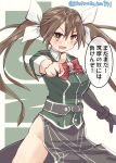  1girl absurdres bow bowtie brown_hair character_name commentary_request cowboy_shot elbow_gloves gloves green_shirt hair_between_eyes hair_ribbon highres kantai_collection kitahama_(siroimakeinu831) long_hair looking_at_viewer military_uniform one-hour_drawing_challenge pelvic_curtain pointing red_bow red_bowtie ribbon shirt side_slit single_elbow_glove single_glove solo tone_(kancolle) tone_kai_ni_(kancolle) translation_request twintails twitter_username uniform white_background white_ribbon 